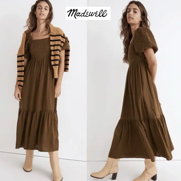 Madewell Tiered Midi Dress Quilted Hemp Blend Olive Green NH112 Size 10 Boho - Picture 3 of 15